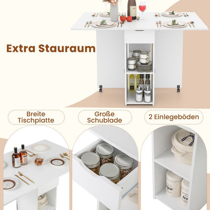 Table à manger pliante à 2 roulettes, table pliante mobile, table de salle à manger avec rangement à 2 niveaux et tiroir, blanche