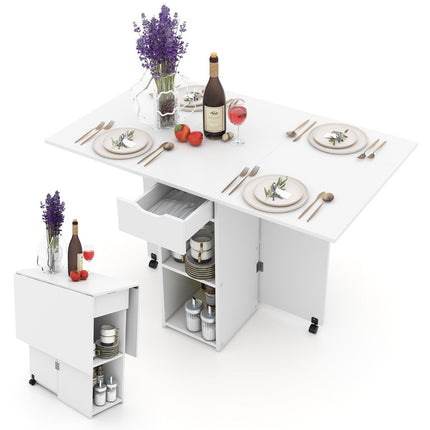 Table à manger pliante à 2 roulettes, table pliante mobile, table de salle à manger avec rangement à 2 niveaux et tiroir, blanche