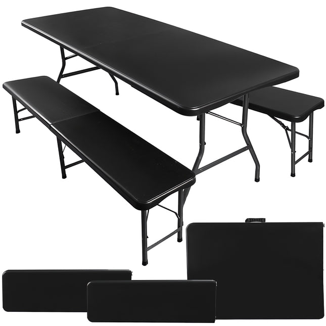 Table de jardin pliante 180cm + 2 bancs - noir