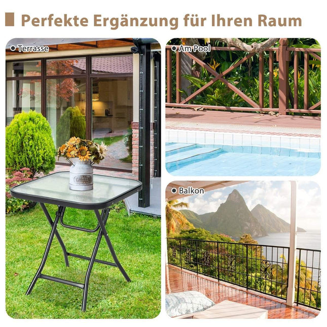 Table d'appoint de terrasse pliante table carrée en verre avec cadre en acier inoxydable noir