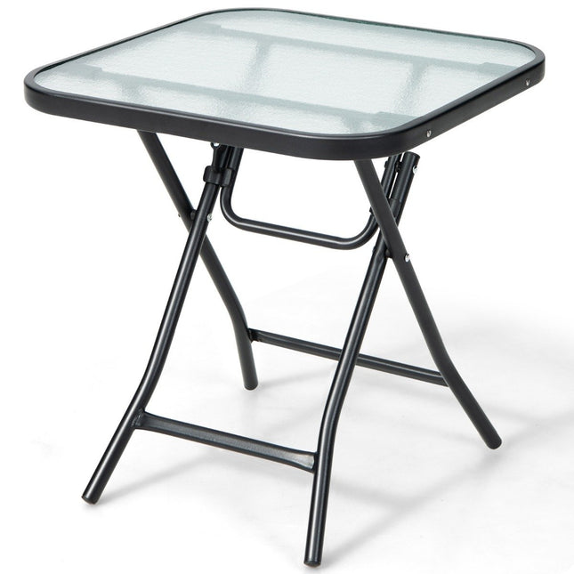 Table d'appoint de terrasse pliante table carrée en verre avec cadre en acier inoxydable noir