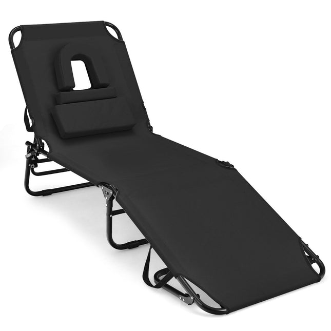 Chaise longue pliante avec ouverture pour le visage, 3 coussins et dossier réglable en 5 directions, noir