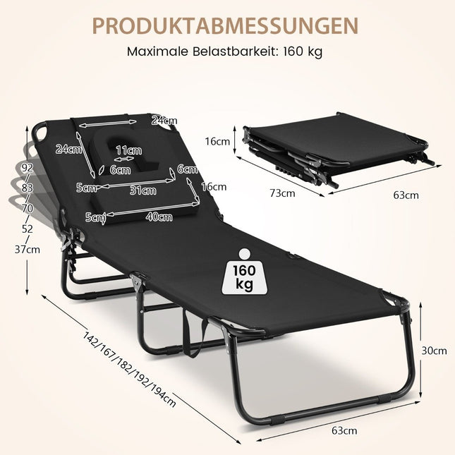 Chaise longue pliante avec ouverture pour le visage, 3 coussins et dossier réglable en 5 directions, noir