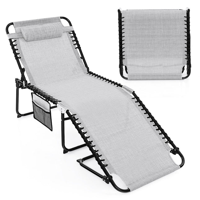Chaise longue pliante avec appui-tête et amp; Poche latérale et amp; Chaise longue de jardin à dossier réglable gris