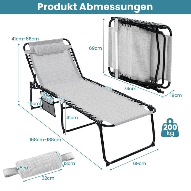 Chaise longue pliante avec appui-tête et amp; Poche latérale et amp; Chaise longue de jardin à dossier réglable gris