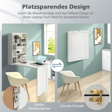 Table pliante, bureau mural avec séparateur inclinable à 3 niveaux, blanc