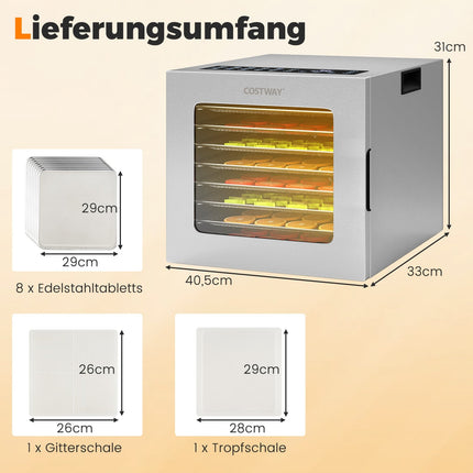Déshydrateur alimentaire, 8 plateaux, minuterie 48 h, 35-75 °C, argent