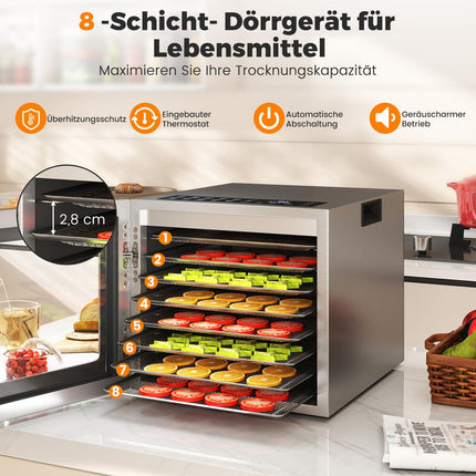 Déshydrateur alimentaire, 8 plateaux, minuterie 48 h, 35-75 °C, argent