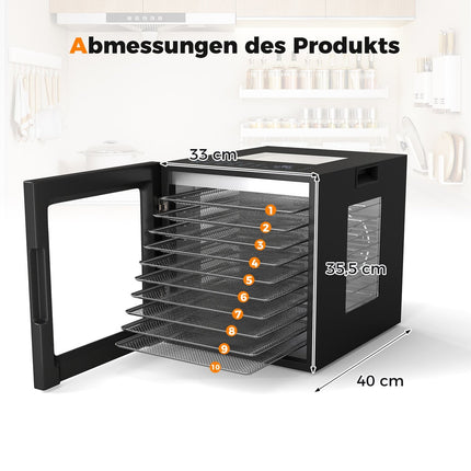 Déshydrateur alimentaire avec 10 plateaux en acier inoxydable, minuterie 48 h, 30-75 °C
