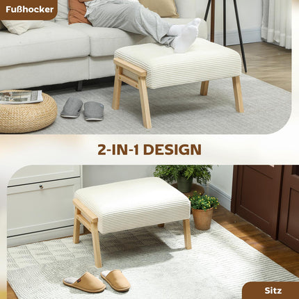 Repose-pieds avec coussin moelleux, aspect velours côtelé, blanc crème