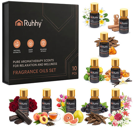 Coffret d'huiles parfumées pour diffuseurs, 10 flacons de 10 ml avec compte-gouttes
