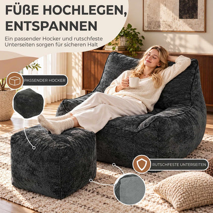 Frameless Floor Chair with Ottoman and Backrest, Chenille, Armrests, Dark Grey