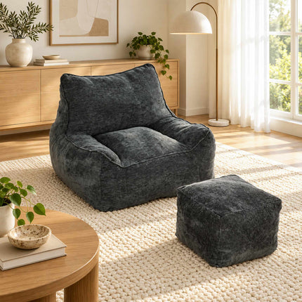 Frameless Floor Chair with Ottoman and Backrest, Chenille, Armrests, Dark Grey