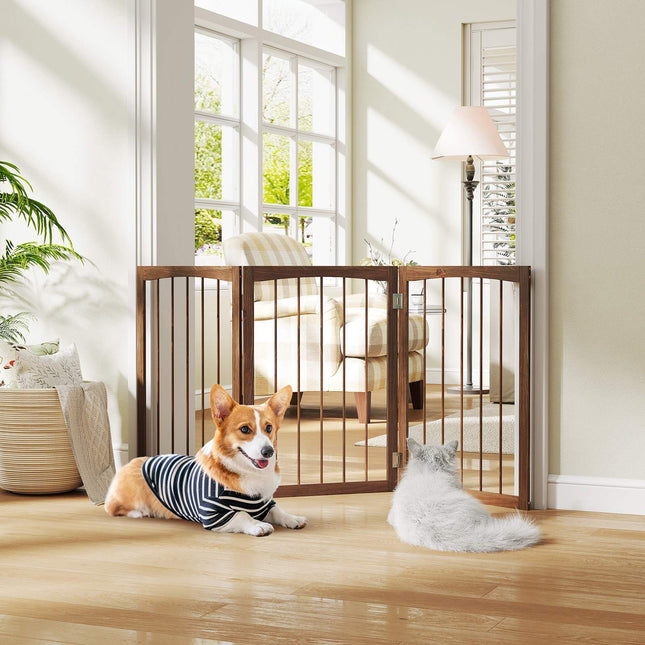 Barrière pour chien en bois à 3 panneaux, autoportante, 76 cm, marron