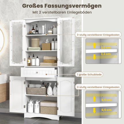 Freistehender Badezimmerschrank mit 4 Türen und Schublade, Weiß