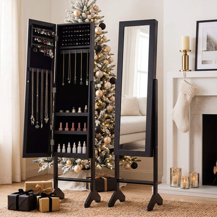 Armoire à bijoux autoportante avec miroir, doublure en velours, noire