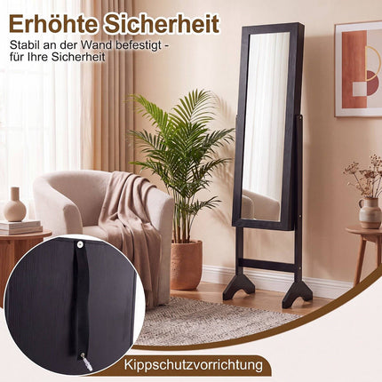 Armoire à bijoux autoportante avec miroir, doublure en velours, noire