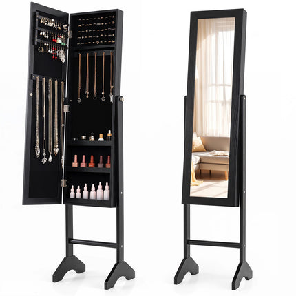 Armoire à bijoux autoportante avec miroir, doublure en velours, noire