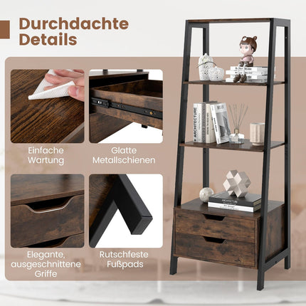 Freistehendes Leiterregal, 134 cm, 4 Ablagen, 2 Schubladen