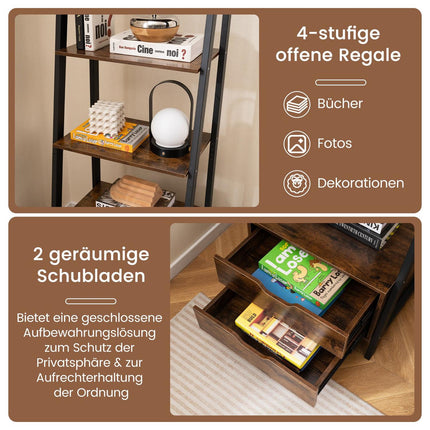 Freistehendes Leiterregal, 134 cm, 4 Ablagen, 2 Schubladen