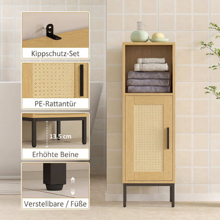 Freistehender, schmaler Badezimmerschrank, verstellbarer Einlegeboden, Natur