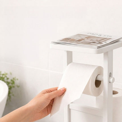 Porte-rouleau de papier toilette sur pied avec étagère – Blanc