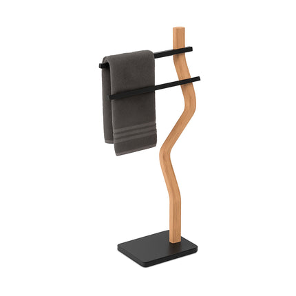 Porte-serviettes sur pied, 2 barres, cadre en bois courbé