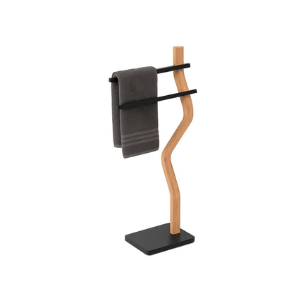 Porte-serviettes sur pied, 2 barres, cadre en bois courbé