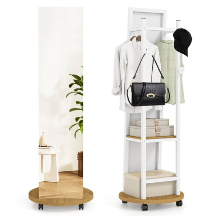 Armoire-miroir sur pied avec crochets et étagères, blanche