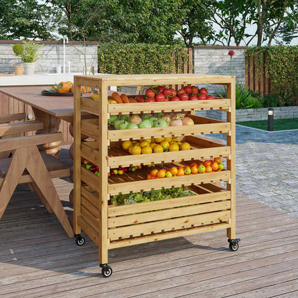 Obst- und Gemüselagerwagen mit Rollen, 5 Ablagen, Fichtenholz