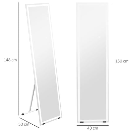 Miroir Pleine Longueur 40X150Cm Miroir Sur Pied Et Mural Led 3 Couleurs De Lumière Interrupteur Tactile Blanc