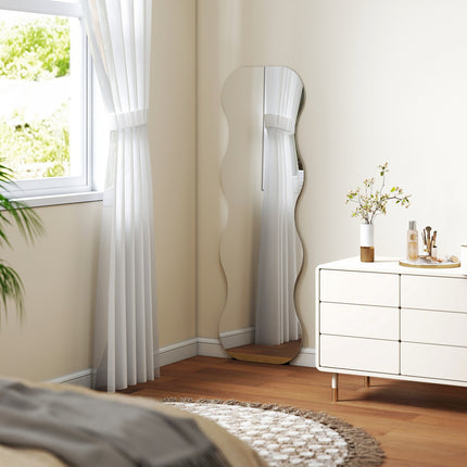 Miroir pleine longueur, sans cadre, base en bois, forme ondulée, noir