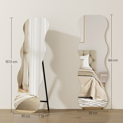 Miroir pleine longueur, sans cadre, base en bois, forme ondulée, noir