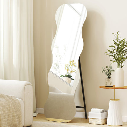 Miroir pleine longueur, sans cadre, base en bois, forme ondulée, noir