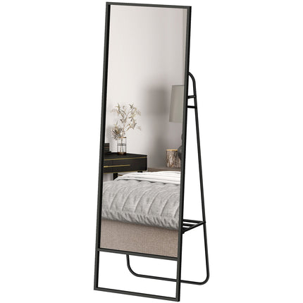 Miroir pleine longueur avec étagère et crochets, noir, 157 x 50 cm