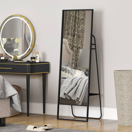 Miroir pleine longueur avec étagère et crochets, noir, 157 x 50 cm