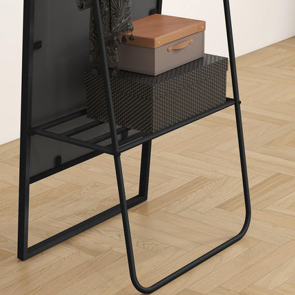 Miroir pleine longueur avec étagère et crochets, noir, 157 x 50 cm
