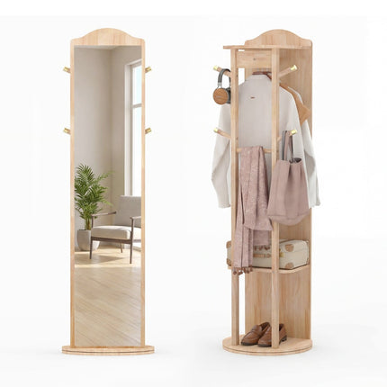 Miroir pleine longueur avec support, porte-manteau pivotant, bois naturel