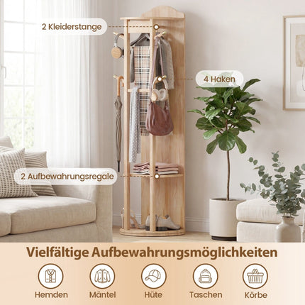 Miroir pleine longueur avec support, porte-manteau pivotant, bois naturel