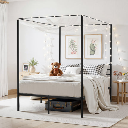 Full Size Metal Canopy Bed Frame, Steel Slats, Storage