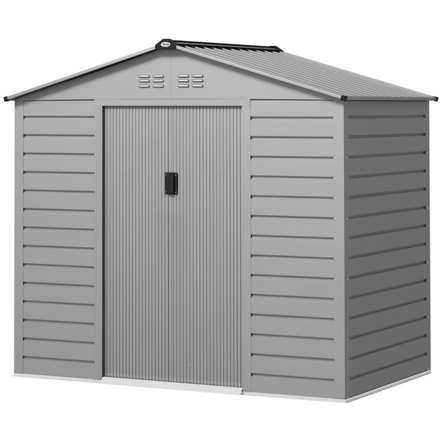 Remise à outils en acier galvanisé 2,43 ? Abri de jardin 213 x 131 x 192 cm avec toit à pignon, porte coulissante verrouillable, abri de jardin résistant aux intempéries, abri de jardin extérieur pour espace extérieur, gris Aosom