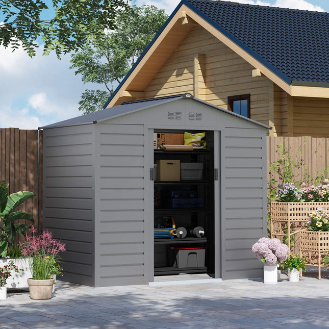 Remise à outils en acier galvanisé 2,43 ? Abri de jardin 213 x 131 x 192 cm avec toit à pignon, porte coulissante verrouillable, abri de jardin résistant aux intempéries, abri de jardin extérieur pour espace extérieur, gris Aosom