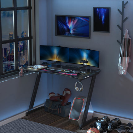 Gaming-Tisch mit LED, Getränkehalter & Kopfhörerhaken, Schwarz