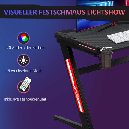 Gaming-Tisch mit LED, Getränkehalter & Kopfhörerhaken, Schwarz