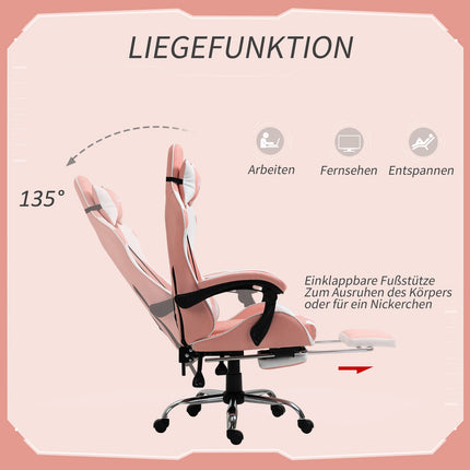 Chaise De Jeu, Chaise D'Ordinateur, Chaise De Bureau Ergonomique Avec Appui-Tête, Coussin Lombaire, Réglable En Hauteur, Rotatif À 360°, Rose + Blanc