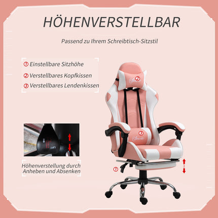 Chaise De Jeu, Chaise D'Ordinateur, Chaise De Bureau Ergonomique Avec Appui-Tête, Coussin Lombaire, Réglable En Hauteur, Rotatif À 360°, Rose + Blanc