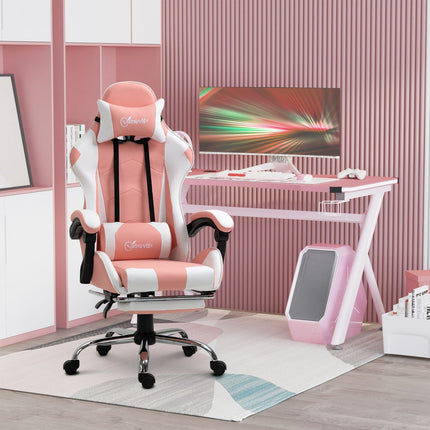 Chaise De Jeu, Chaise D'Ordinateur, Chaise De Bureau Ergonomique Avec Appui-Tête, Coussin Lombaire, Réglable En Hauteur, Rotatif À 360°, Rose + Blanc