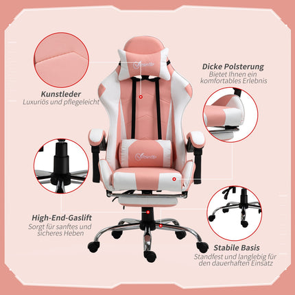 Chaise De Jeu, Chaise D'Ordinateur, Chaise De Bureau Ergonomique Avec Appui-Tête, Coussin Lombaire, Réglable En Hauteur, Rotatif À 360°, Rose + Blanc