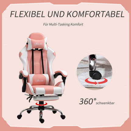 Chaise De Jeu, Chaise D'Ordinateur, Chaise De Bureau Ergonomique Avec Appui-Tête, Coussin Lombaire, Réglable En Hauteur, Rotatif À 360°, Rose + Blanc