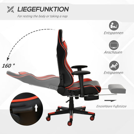 Ergonomischer Gaming-Stuhl mit klappbarer Fußstütze, schwarz